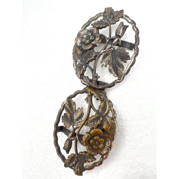 Antique Belt Sash Buckle Gilded Brass Art Nouveau Open Cut Intricate Leaf Flower - Picture 3 of 8